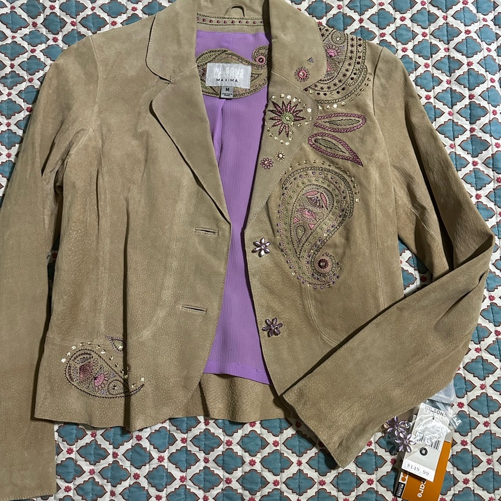 Bundle:Wilsons Leather Beige Embroidered Blazer. Black leather pink lining coat.